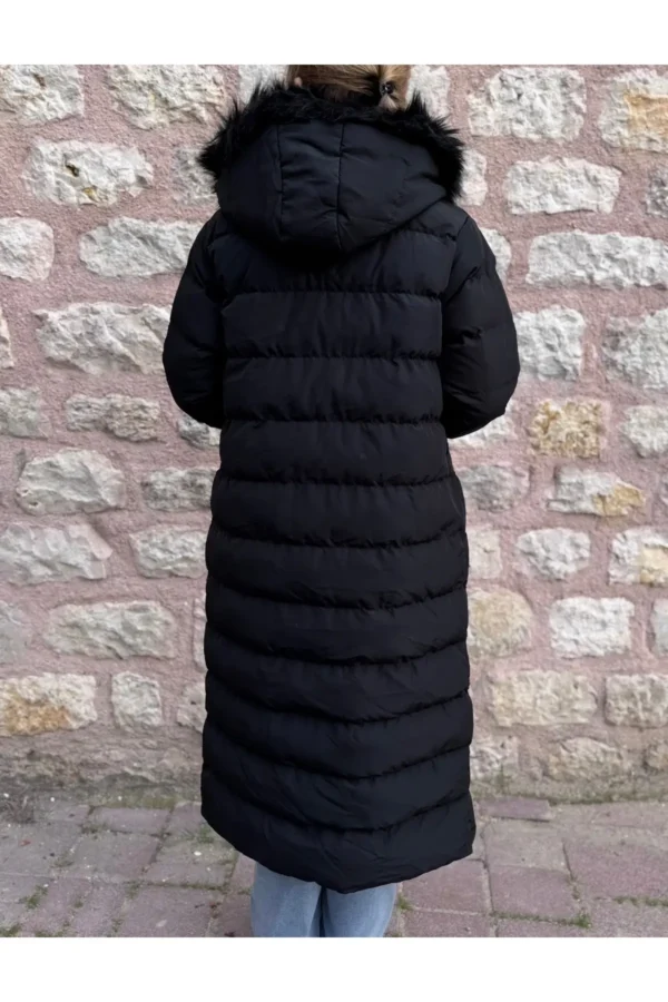 Siyah Uzun Boy Kapüşonu Kürklü Şişme Mont Tesettür Mont