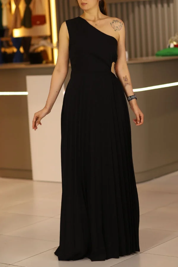 Siyah Uzun Boy Tek Kollu Bel Dekolteli Abiye İsteme Söz Nişan Düğün Davet Elbise