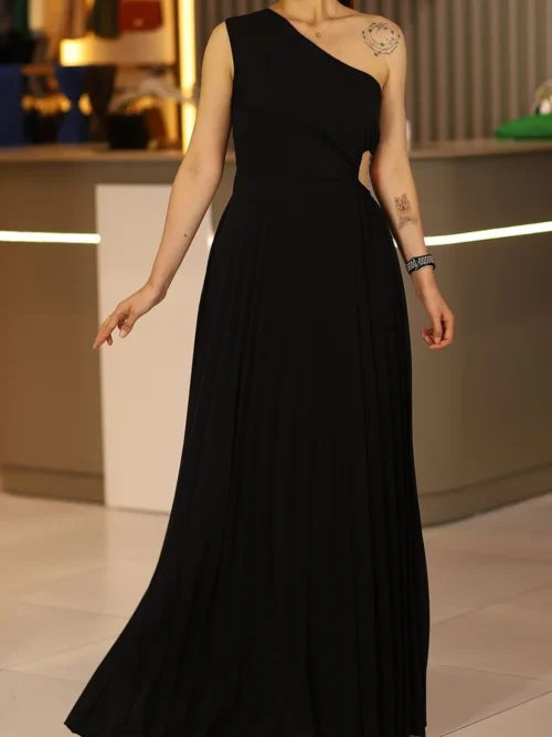 Siyah Uzun Boy Tek Kollu Bel Dekolteli Abiye İsteme Söz Nişan Düğün Davet Elbise