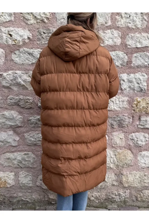 Taba Uzun Boy Cep Detaylı Büyük Beden Şişme Mont Tesettür Mont