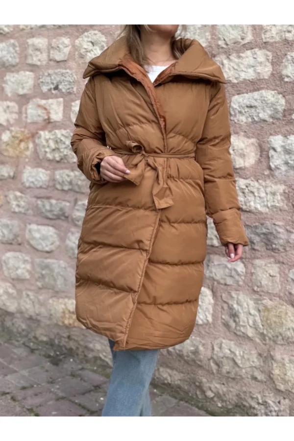 Taba Uzun Boy Kuşaklı Şişme Mont Tesettür Mont