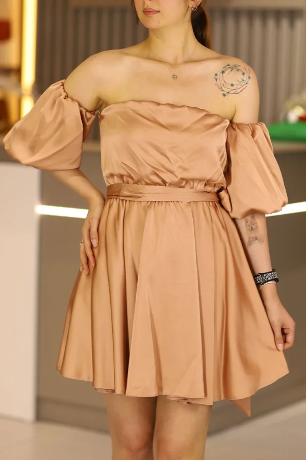 Vizon Takma Kollu Straplez Mini Saten Abiye Elbise After Part Düğün Davet Kına