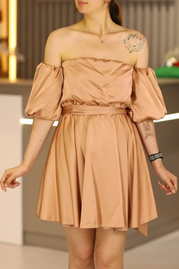 Vizon Takma Kollu Straplez Mini Saten Abiye Elbise After Part Düğün Davet Kına