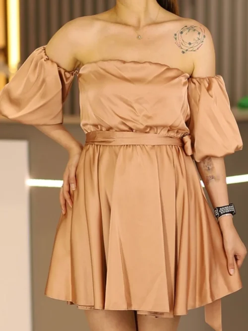 Vizon Takma Kollu Straplez Mini Saten Abiye Elbise After Part Düğün Davet Kına