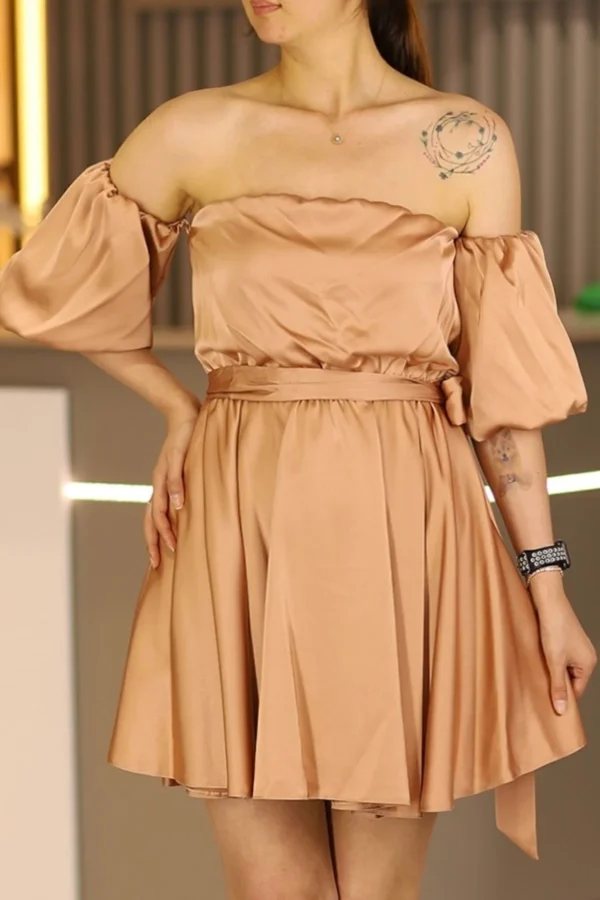 Vizon Takma Kollu Straplez Mini Saten Abiye Elbise After Part Düğün Davet Kına