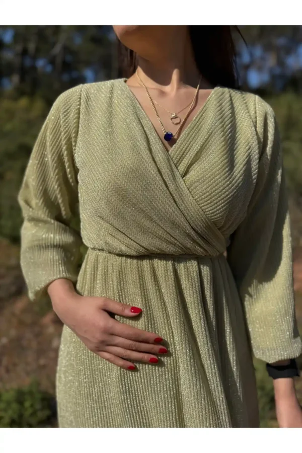 Yağ Yeşili Kruvaze Yaka Beli Lastikli Simli Örme Kumaş Uzun Kol Uzun Boy Tesettür Abiye Elbise