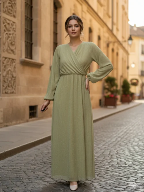 Yağ Yeşili Kruvaze Yaka Beli Lastikli Simli Örme Kumaş Uzun Kol Uzun Boy Tesettür Abiye Elbise