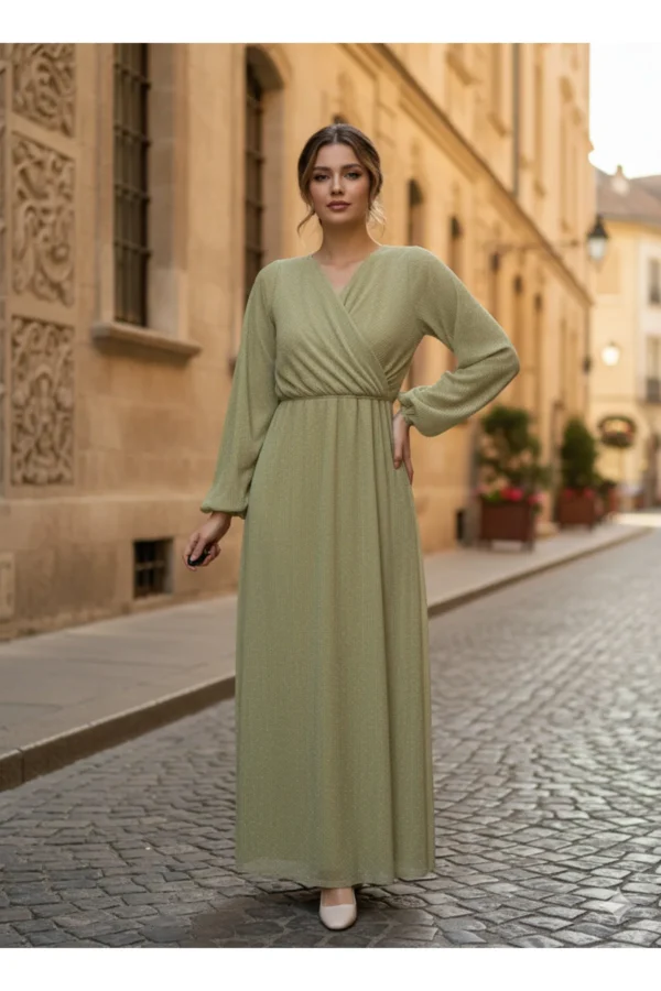 Yağ Yeşili Kruvaze Yaka Beli Lastikli Simli Örme Kumaş Uzun Kol Uzun Boy Tesettür Abiye Elbise