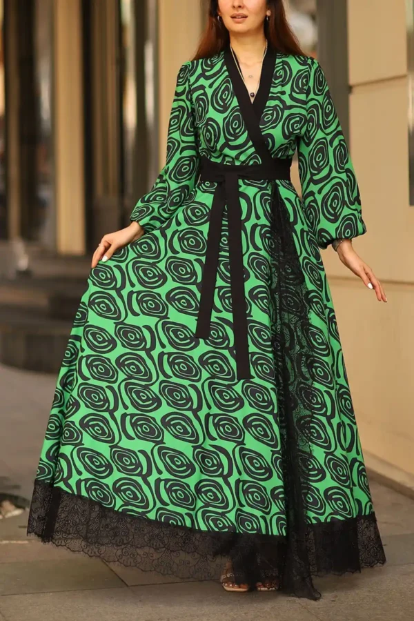 Yeşil Kruvaze Maxi Boy Uzun Kol Dantel Detaylı Şifon Abiye Düğün Davet Astarlı Bağlamalı Elbise