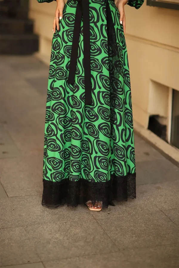 Yeşil Kruvaze Maxi Boy Uzun Kol Dantel Detaylı Şifon Abiye Düğün Davet Astarlı Bağlamalı Elbise