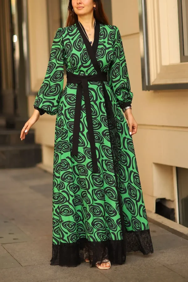 Yeşil Kruvaze Maxi Boy Uzun Kol Dantel Detaylı Şifon Abiye Düğün Davet Astarlı Bağlamalı Elbise