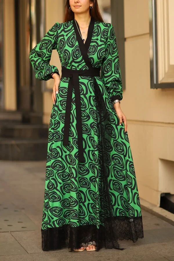 Yeşil Kruvaze Maxi Boy Uzun Kol Dantel Detaylı Şifon Abiye Düğün Davet Astarlı Bağlamalı Elbise