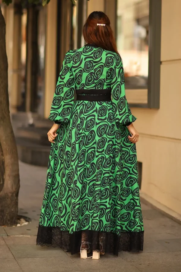 Yeşil Kruvaze Maxi Boy Uzun Kol Dantel Detaylı Şifon Abiye Düğün Davet Astarlı Bağlamalı Elbise