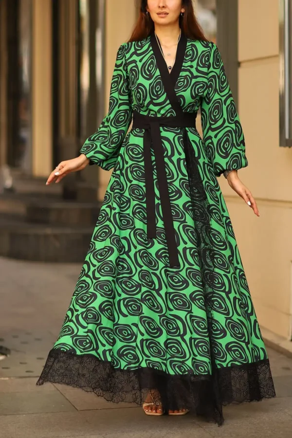 Yeşil Kruvaze Maxi Boy Uzun Kol Dantel Detaylı Şifon Abiye Düğün Davet Astarlı Bağlamalı Elbise