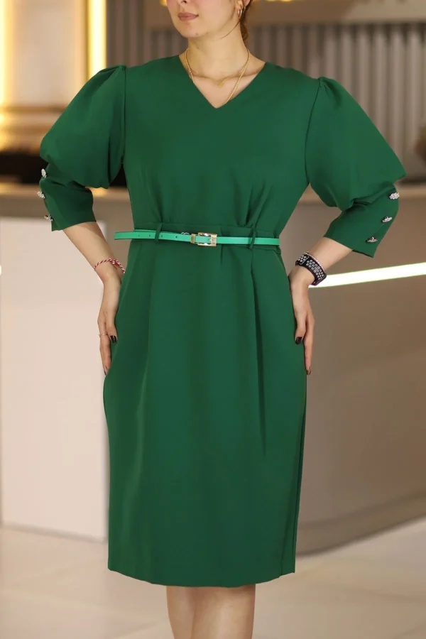 Yeşil Midi Boy Truvakar Boy Balon Kol Büyük Beden Klasik Elbise Ofis Günlük Gece Düğün Davet