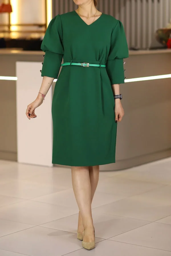 Yeşil Midi Boy Truvakar Boy Balon Kol Büyük Beden Klasik Elbise Ofis Günlük Gece Düğün Davet