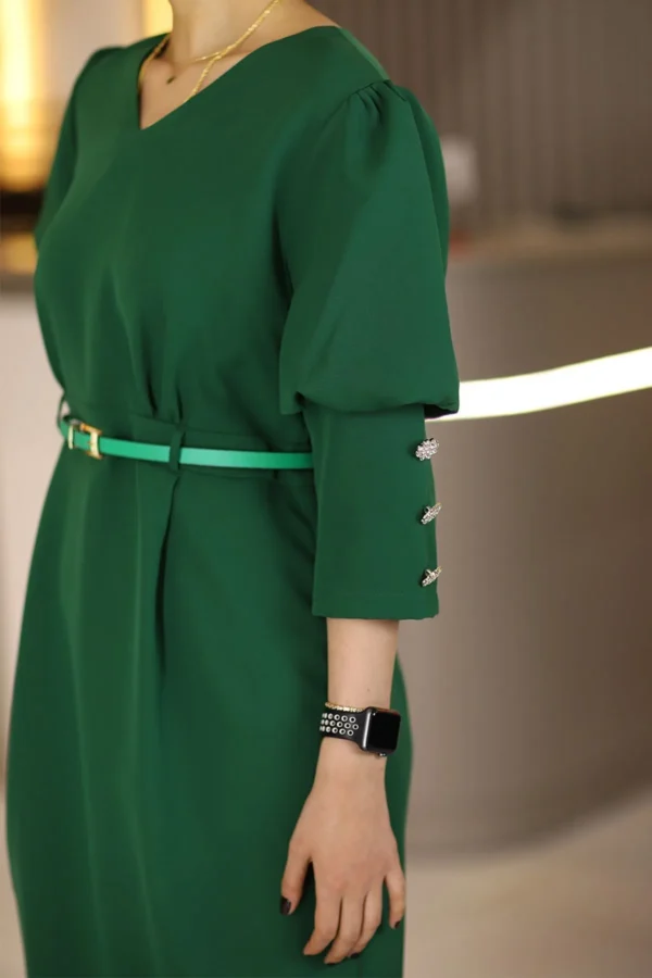 Yeşil Midi Boy Truvakar Boy Balon Kol Büyük Beden Klasik Elbise Ofis Günlük Gece Düğün Davet