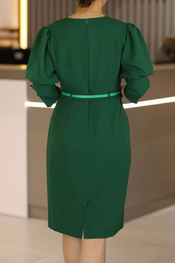 Yeşil Midi Boy Truvakar Boy Balon Kol Büyük Beden Klasik Elbise Ofis Günlük Gece Düğün Davet