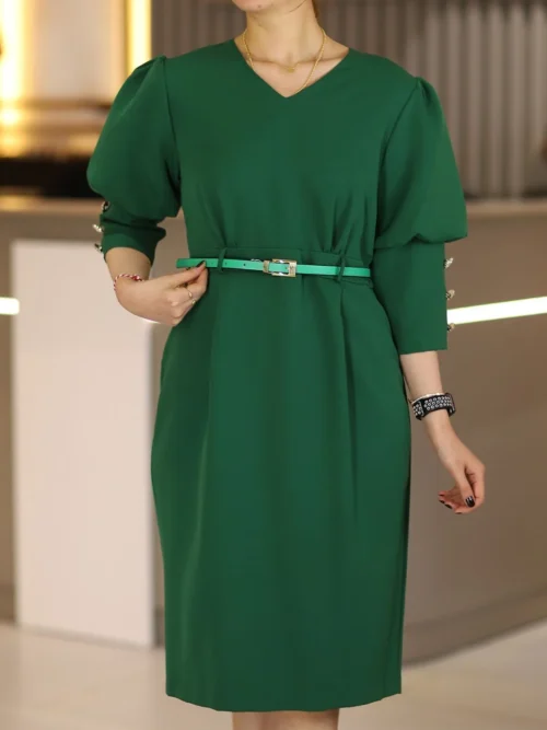 Yeşil Midi Boy Truvakar Boy Balon Kol Büyük Beden Klasik Elbise Ofis Günlük Gece Düğün Davet