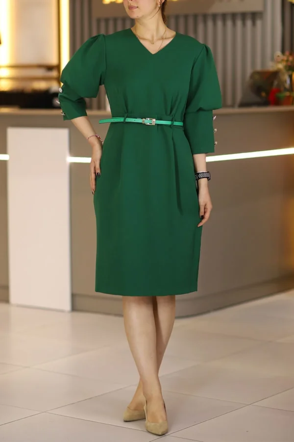 Yeşil Midi Boy Truvakar Boy Balon Kol Büyük Beden Klasik Elbise Ofis Günlük Gece Düğün Davet