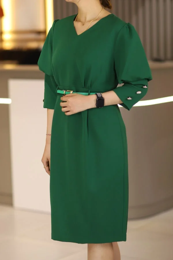 Yeşil Midi Boy Truvakar Boy Balon Kol Büyük Beden Klasik Elbise Ofis Günlük Gece Düğün Davet