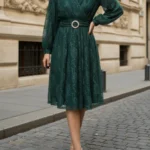 Zümrüt Midi Boy Kruvaze Tamamı Dantel Kloş Abiye Düğün Nişan Kına Gece Davet Büyük Beden Elbise - Zümrüt