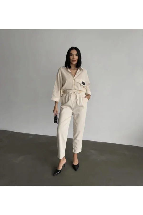 Bej Keten Kadın Gömlek (ÜRÜN TEK GÖMLEKTİR, TAKIM DEĞİLDİR)