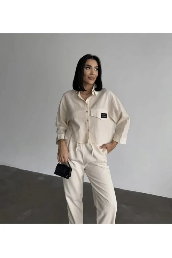 Bej Keten Kadın Gömlek (ÜRÜN TEK GÖMLEKTİR, TAKIM DEĞİLDİR)
