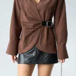 Bel Detaylı Şık Kadın Poplin Gömlek - Kahverengi