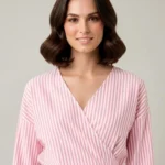 Çizgili Kruvaze Gömlek Bluz - Pembe