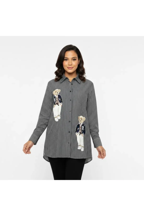 Kadın Ayıcık Detaylı Çizgili Uzun Gömlek