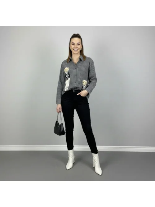 Kadın Ayıcık Detaylı Çizgili Uzun Gömlek
