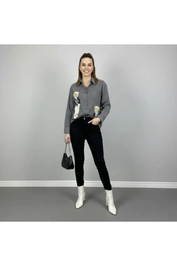 Kadın Ayıcık Detaylı Çizgili Uzun Gömlek