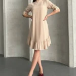 Keten Görünümlü Fırfır Detaylı Uzun Kollu Diz Boy Kadın Elbise