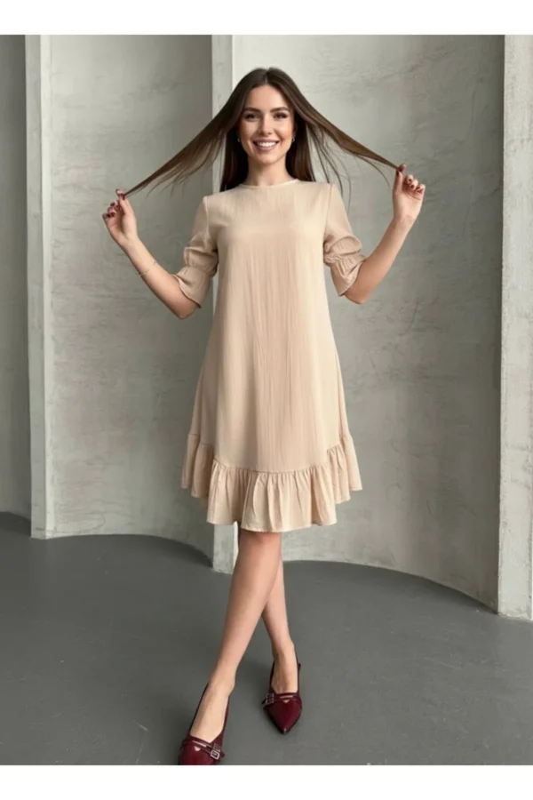 Keten Görünümlü Fırfır Detaylı Uzun Kollu Diz Boy Kadın Elbise