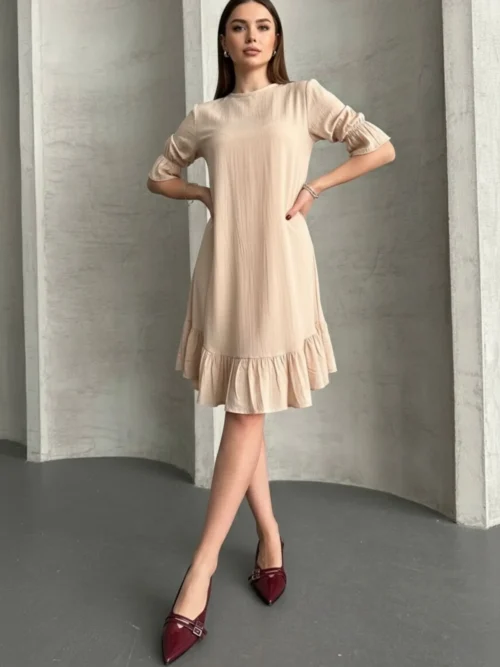 Keten Görünümlü Fırfır Detaylı Uzun Kollu Diz Boy Kadın Elbise