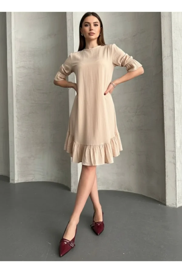 Keten Görünümlü Fırfır Detaylı Uzun Kollu Diz Boy Kadın Elbise
