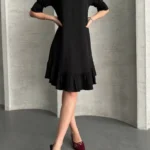 Keten Görünümlü Fırfır Detaylı Uzun Kollu Diz Boy Kadın Elbise - Siyah