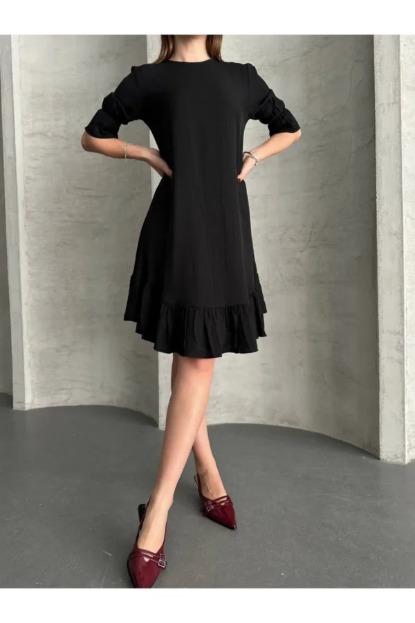 Keten Görünümlü Fırfır Detaylı Uzun Kollu Diz Boy Kadın Elbise - Siyah