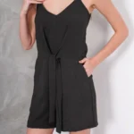 Keten Görünümlü Kuşaklı İp Askılı Kısa Tulum