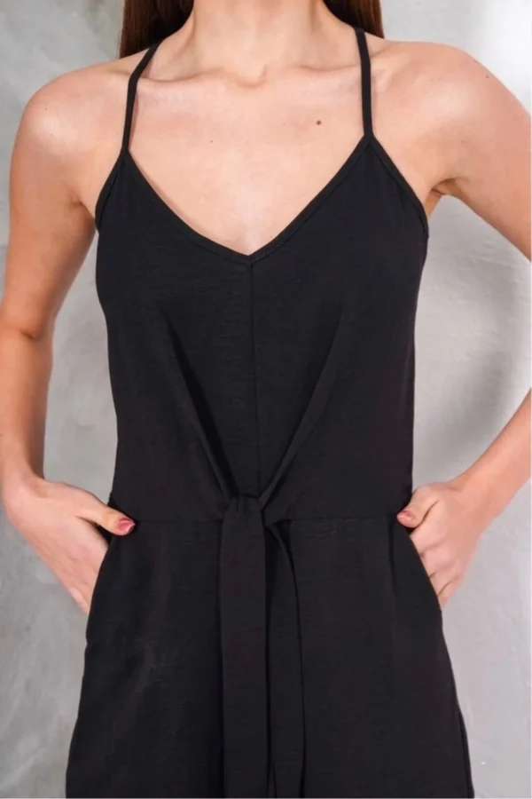 Keten Görünümlü Kuşaklı İp Askılı Kısa Tulum