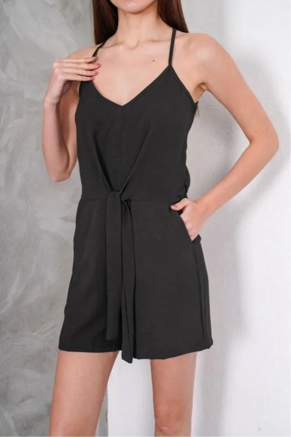 Keten Görünümlü Kuşaklı İp Askılı Kısa Tulum