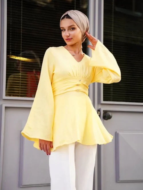 volanli-bel-detayli-muslin-kumas-tunik Volanlı Bel Detaylı Müslin Kumaş Tunik