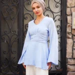 Volanlı Bel Detaylı Müslin Kumaş Tunik - Mavi