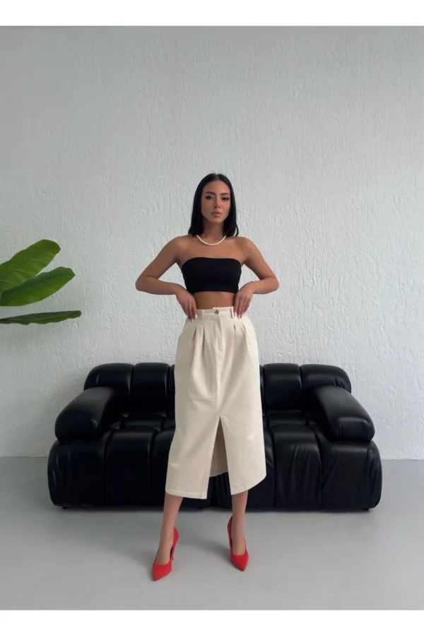 Bej Önü Yırtmaçlı Midi Boy Keten Etek