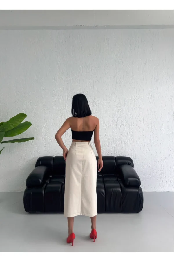 Bej Önü Yırtmaçlı Midi Boy Keten Etek