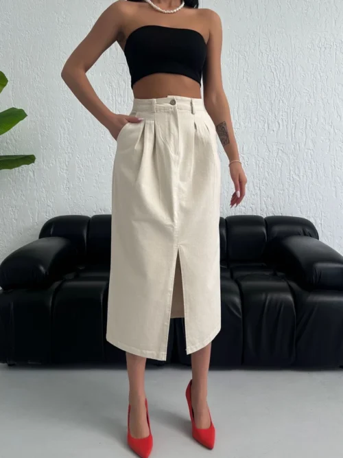 Bej Önü Yırtmaçlı Midi Boy Keten Etek