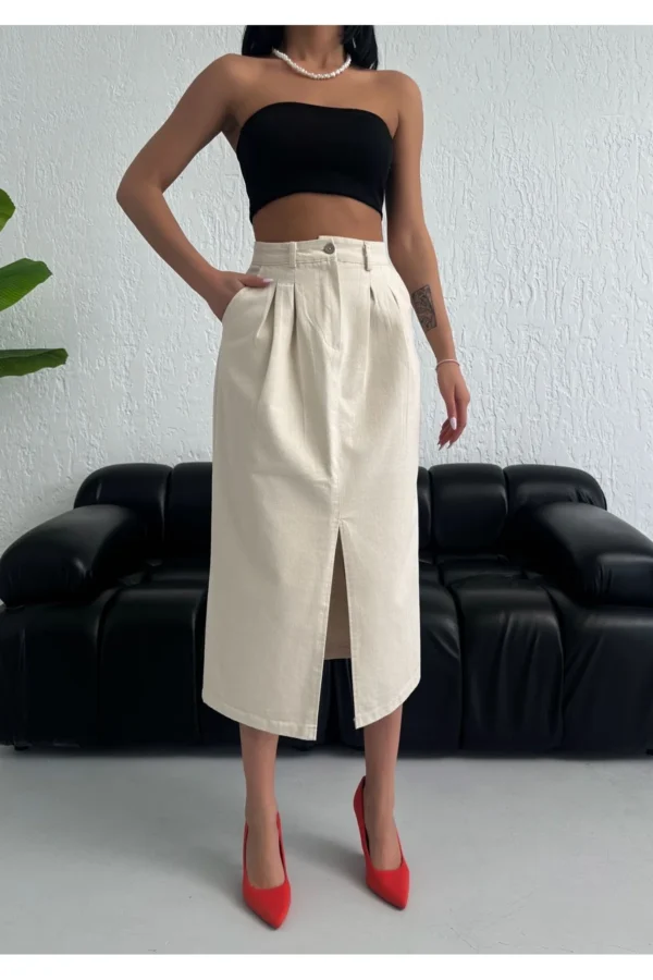 Bej Önü Yırtmaçlı Midi Boy Keten Etek