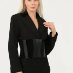 Beli Korse Görünümlü Kadife Deri Detaylı Tasarım Ceket