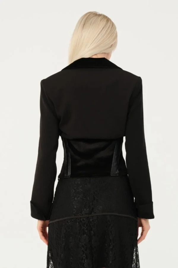 Beli Korse Görünümlü Kadife Deri Detaylı Tasarım Ceket